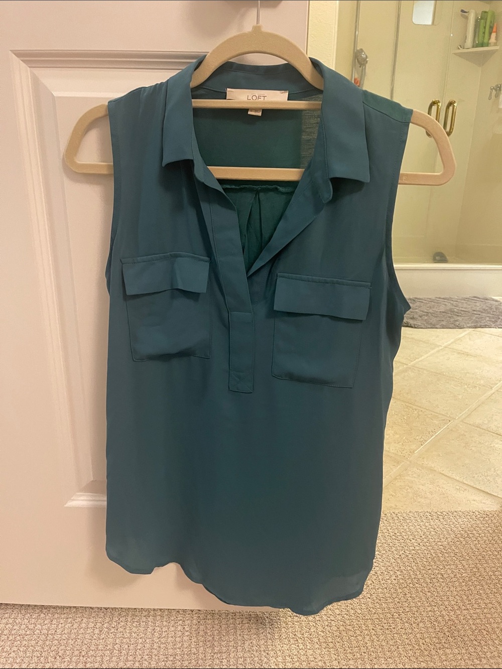 LOFT Teal Collarless Sleeveless Pocket Blouse